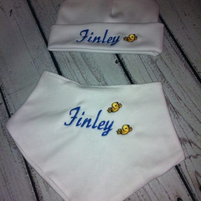 White Beanie hat and dribble bib set