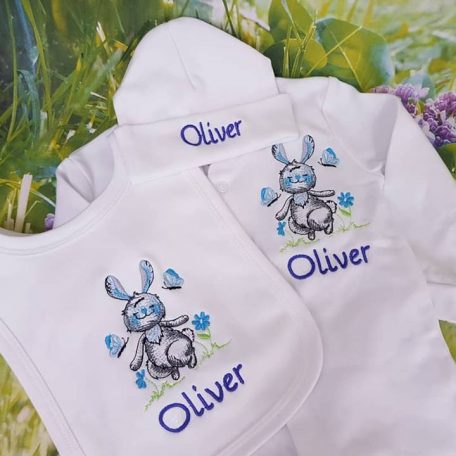 bunny bib , babygro and hat set